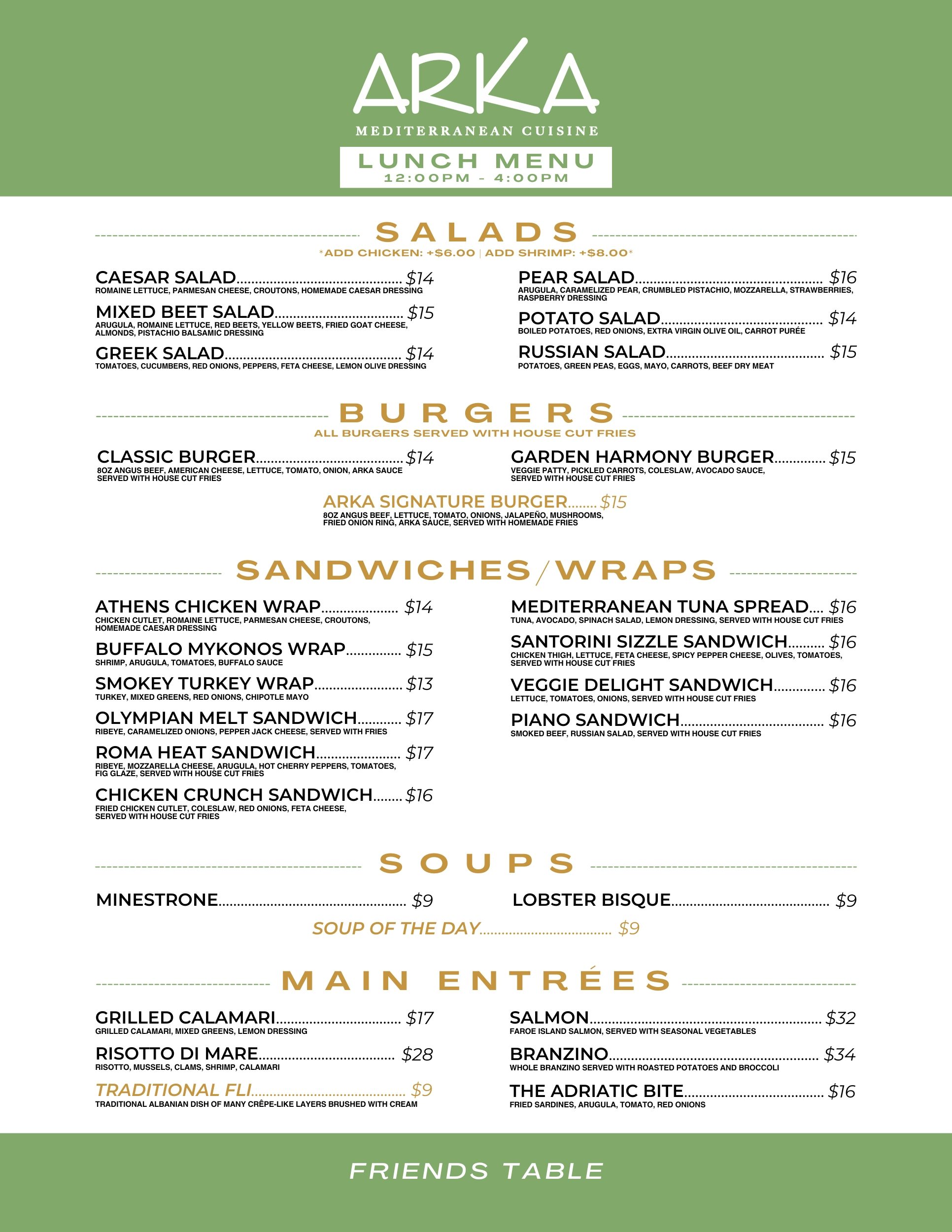 Arka LUNCH Menu